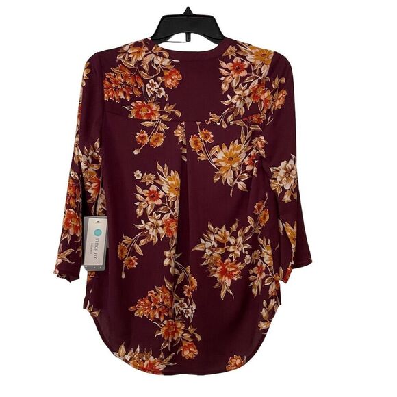 Daniel Rainn Split Neck Blouse Burgundy/Orange Floral Roll Tab Sleeve​ Size PXS - Picture 2 of 14